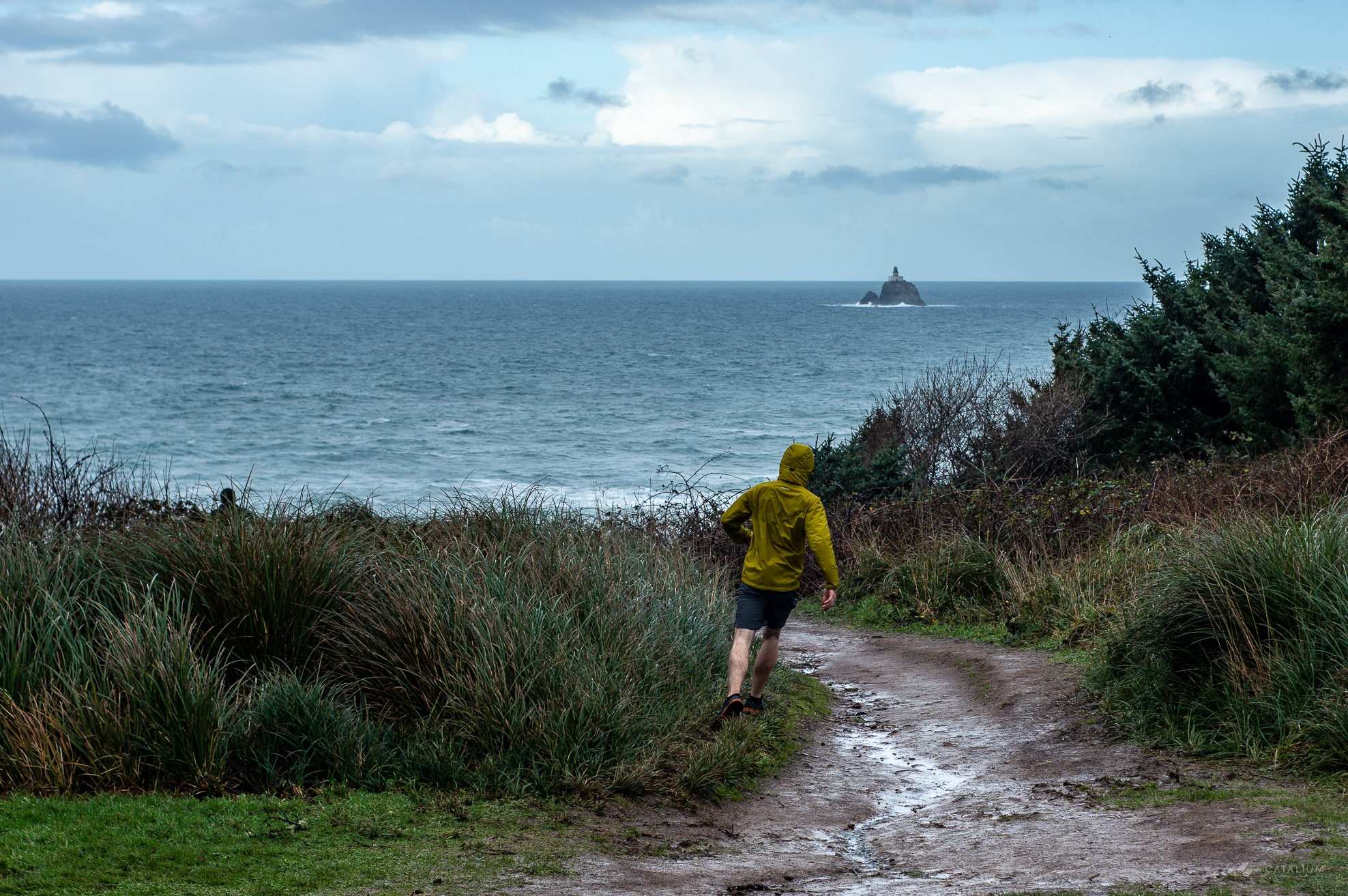 A man running in the Ecola State Park, with Tillamook Rock Light in the distance